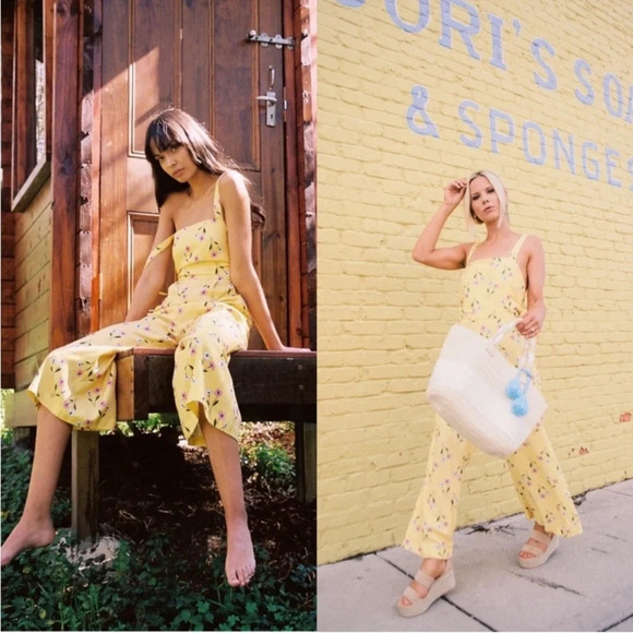 Revolve Finders Keepers Limoncello Cropped Jumpsuit Wide Leg Linen Flower Stripe - Picture 2 of 16